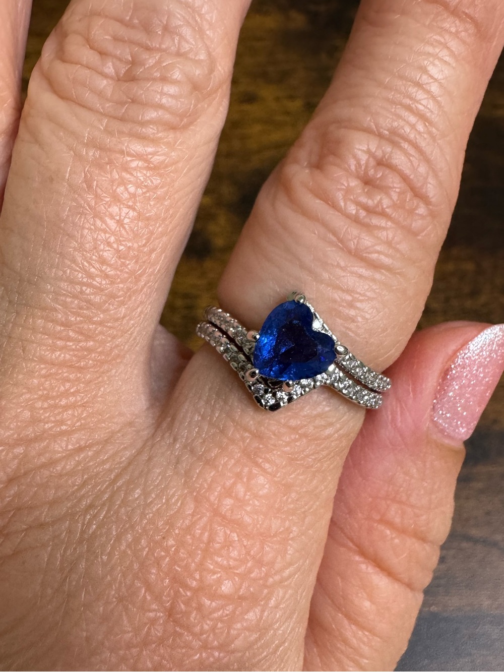 Blue Sapphire Titanic Heart CZ Double Band Ring - Women Jewelry